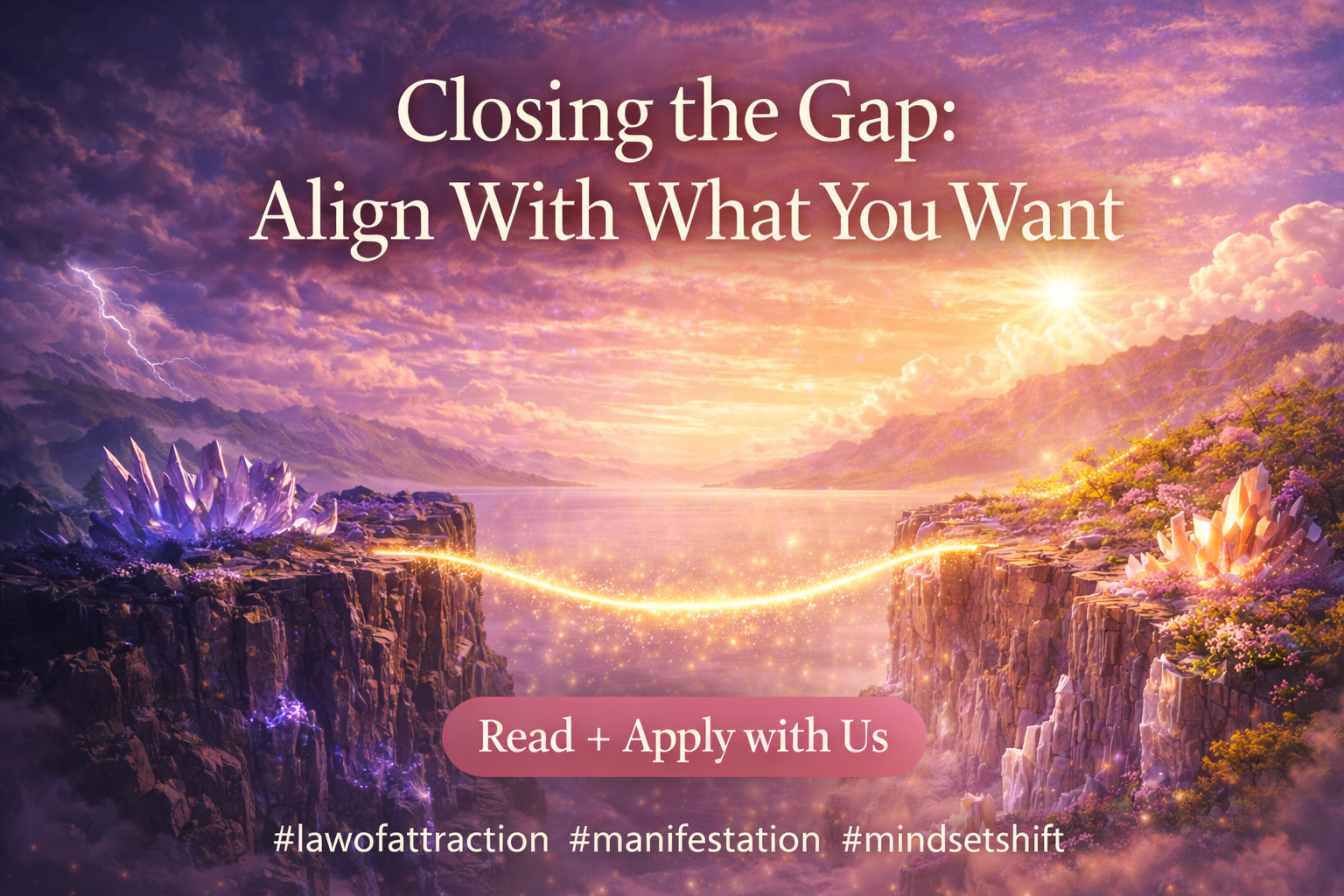 Horizontal spiritual blog image showing two crystal cliffs connected by a glowing bridge of light, symbolizing closing the gap with the Law of Attraction