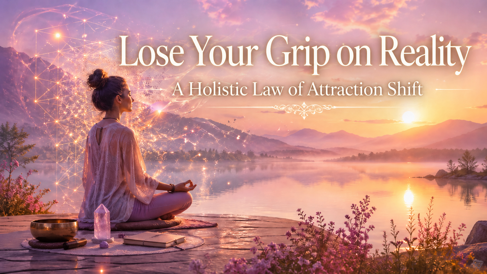 Spiritual CGI landscape of a woman meditating by a lake at sunrise with glowing geometric energy, for a blog post about a holistic Law of Attraction shift