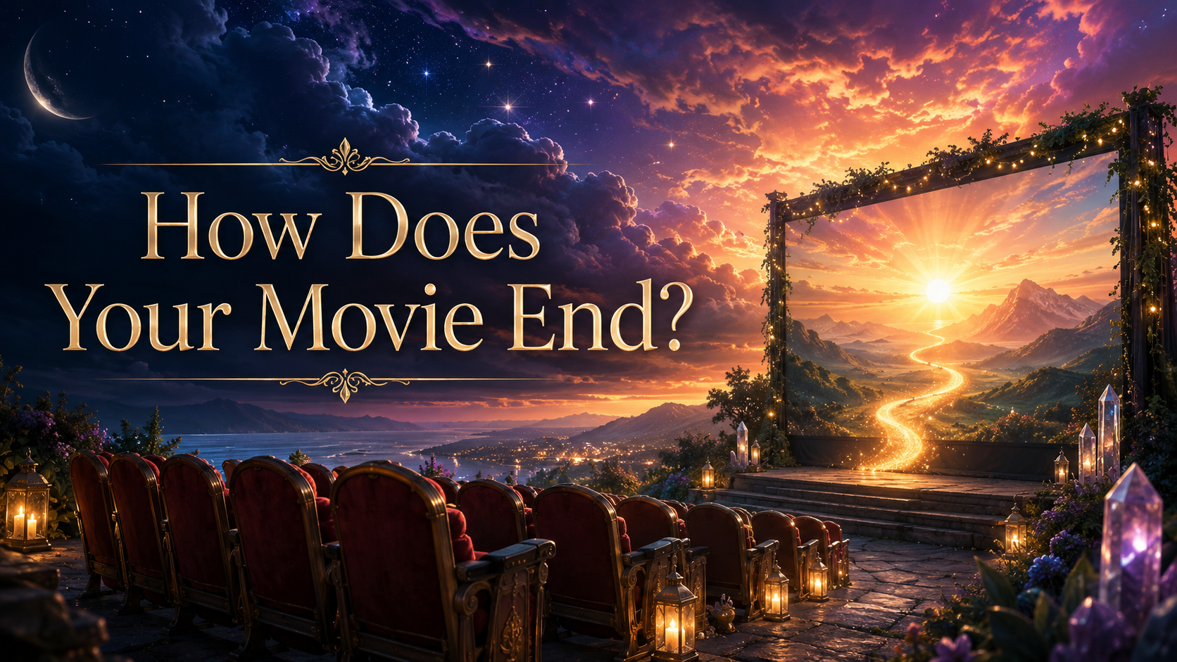 Cinematic spiritual landscape with theater seats facing a glowing stage and winding golden path for a blog post titled How Does Your Movie End