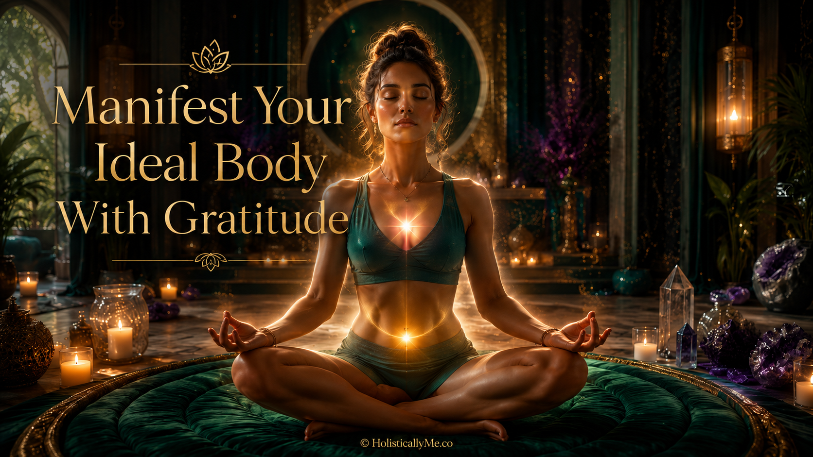 woman meditating with glowing chakra energy to manifest her ideal body with gratitude